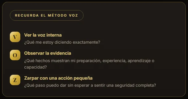 Ejemplo del material que entrega el autodiagnóstico: la tarjeta «Recuerda el Método VOZ», con sus tres pasos —Ver la voz interna, Observar la evidencia y Zarpar con una acción pequeña